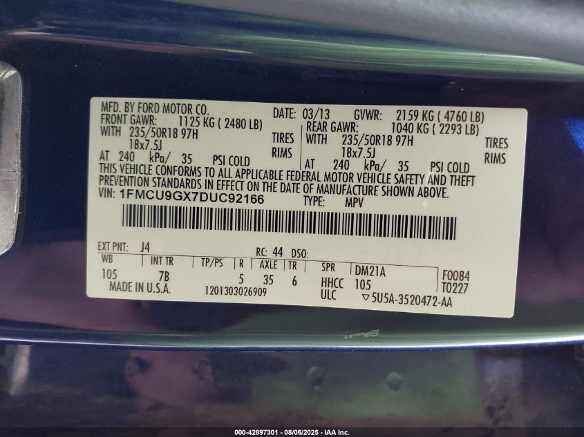 2013 Ford Escape Se VIN: 1FMCU9GX7DUC92166 Lot: 42897301