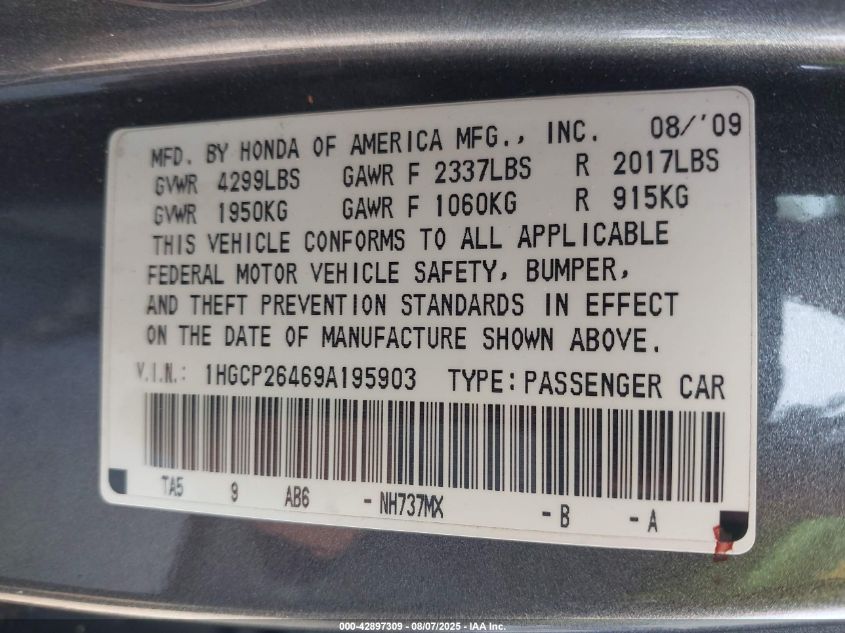 2009 Honda Accord 2.4 Lx-P VIN: 1HGCP26469A195903 Lot: 42897309