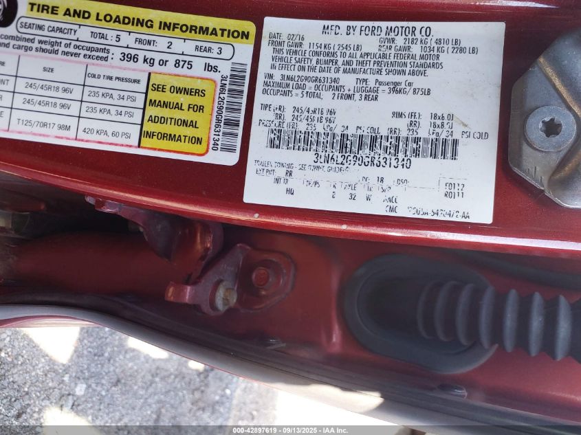 2016 Lincoln Mkz VIN: 3LN6L2G90GR631340 Lot: 42897619