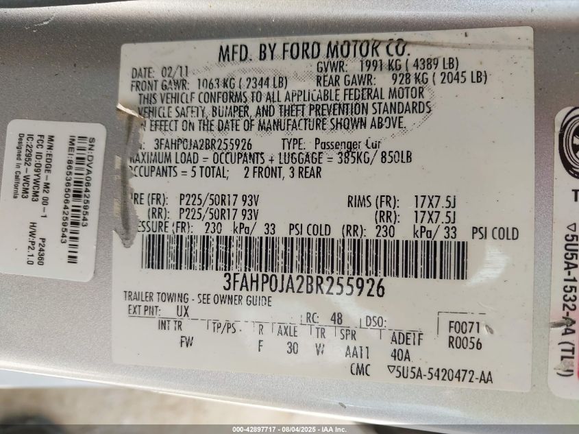 2011 Ford Fusion Sel VIN: 3FAHP0JA2BR255926 Lot: 42897717