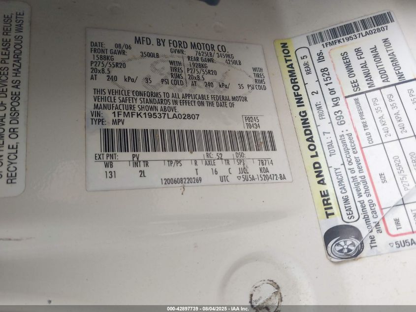 2007 Ford Expedition El Limited VIN: 1FMFK19537LA02807 Lot: 42897739