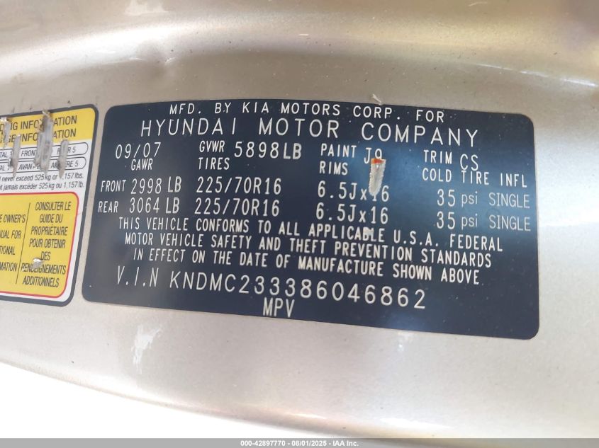 2008 Hyundai Entourage Gls/Limited VIN: KNDMC233386046862 Lot: 42897770