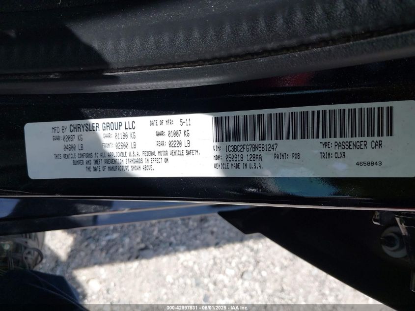 2011 Chrysler 200 Limited VIN: 1C3BC2FG7BN581247 Lot: 42897831