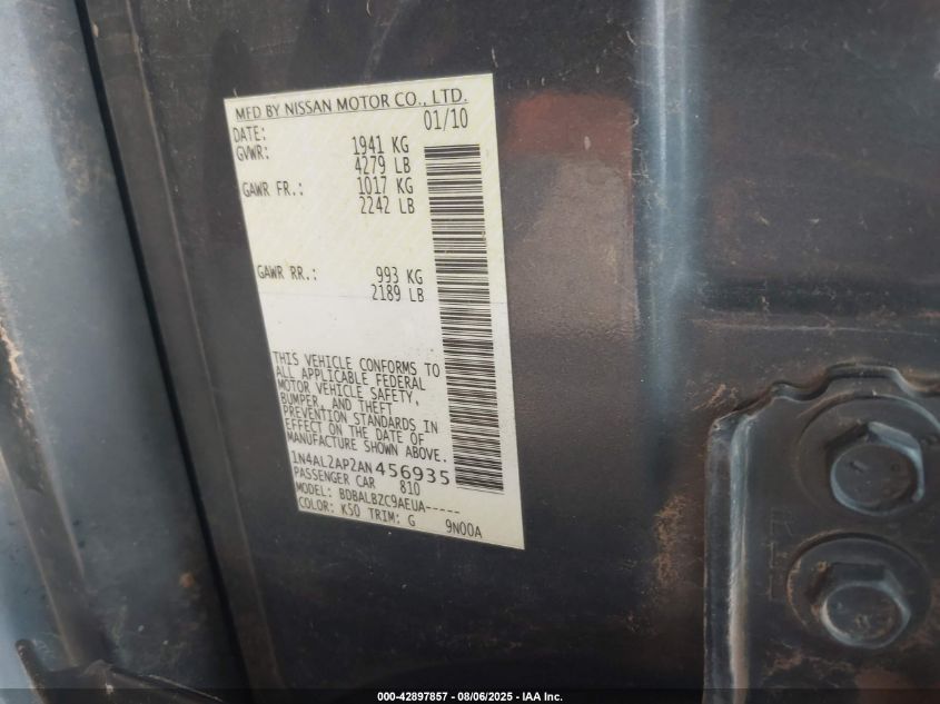 2010 Nissan Altima 2.5 S VIN: 1N4AL2AP2AN456935 Lot: 42897857