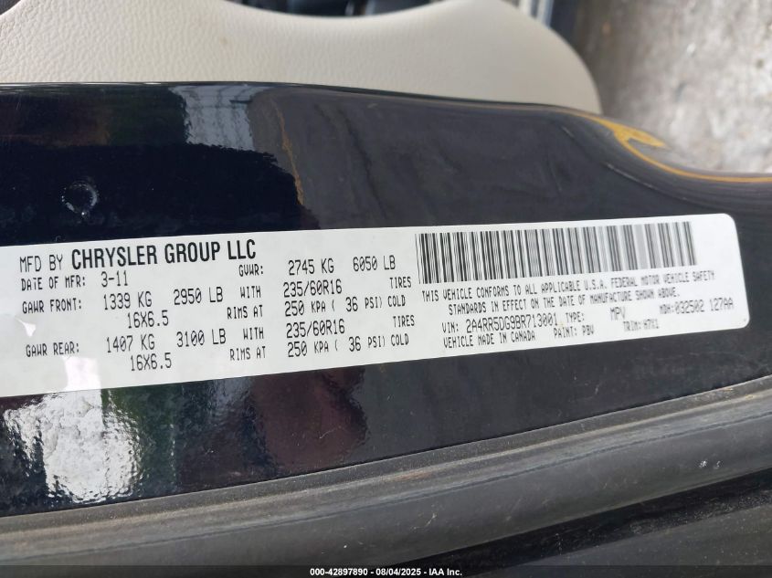 2011 Chrysler Town & Country Touring VIN: 2A4RR5DG9BR713001 Lot: 42897890