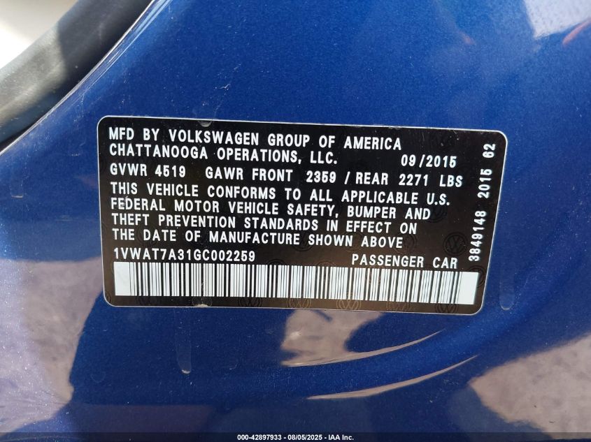 2016 Volkswagen Passat 1.8T S VIN: 1VWAT7A31GC002259 Lot: 42897933