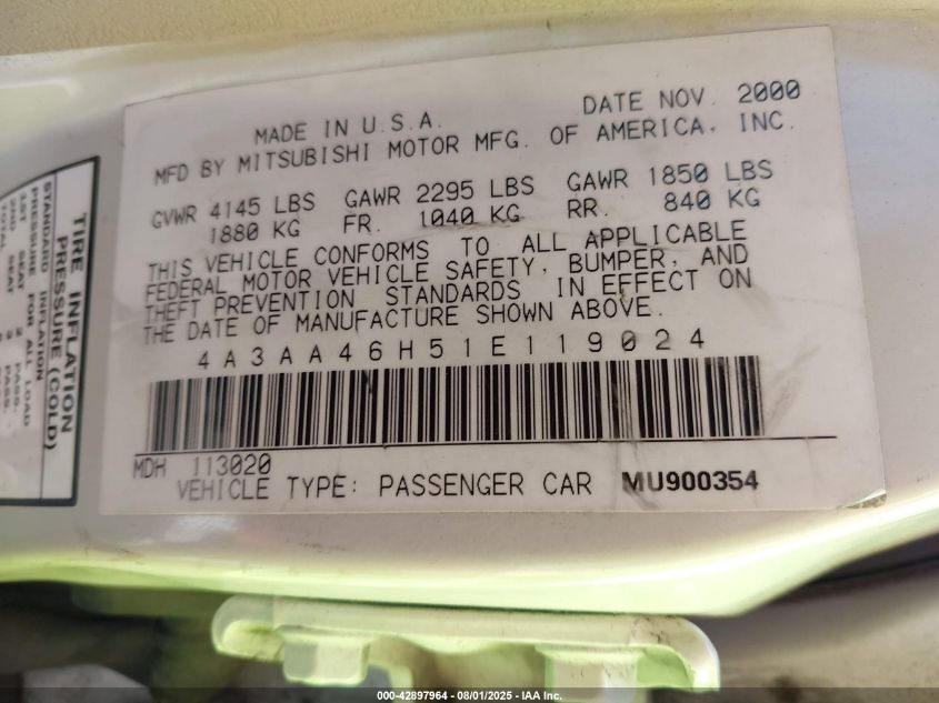 2001 Mitsubishi Galant Es V6/Gtz VIN: 4A3AA46H51E119024 Lot: 42897964