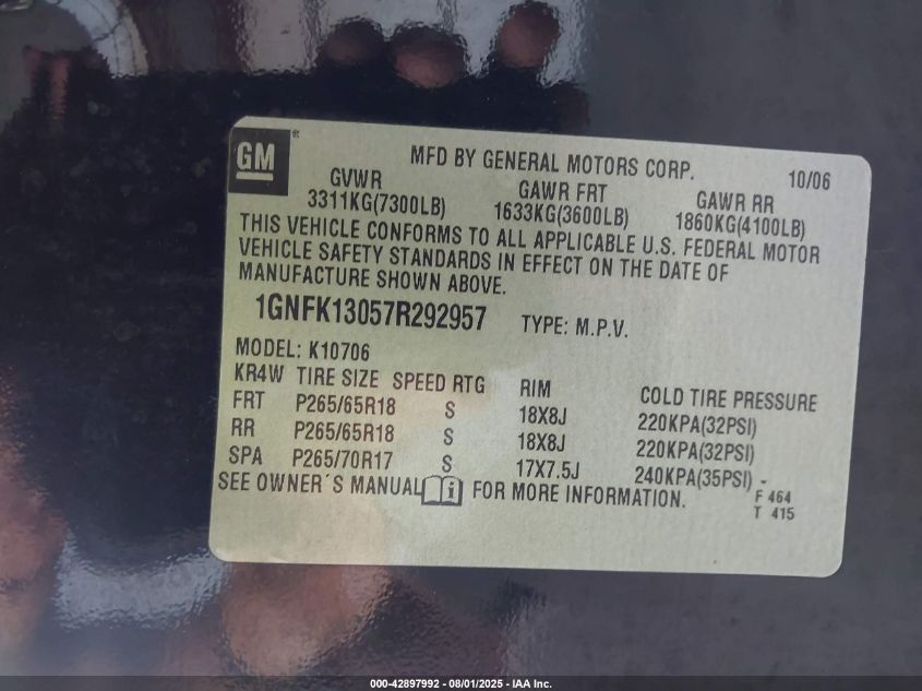 2007 Chevrolet Tahoe Lt VIN: 1GNFK13057R292957 Lot: 42897992