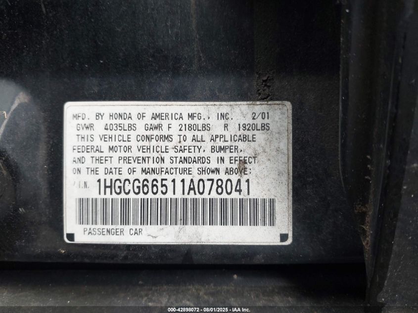 2001 Honda Accord 2.3 Lx VIN: 1HGCG66511A078041 Lot: 42898072