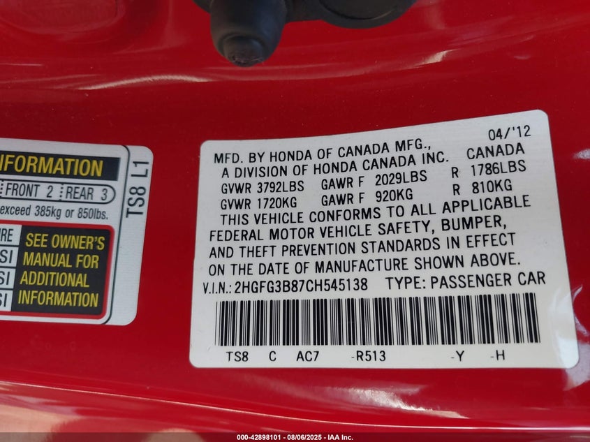 2012 Honda Civic Ex VIN: 2HGFG3B87CH545138 Lot: 42898101