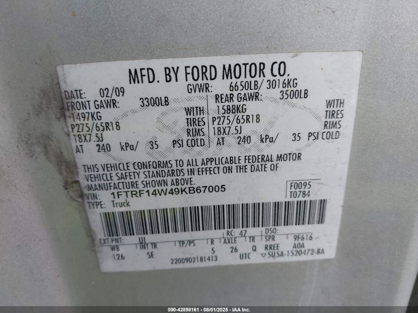 2009 Ford F-150 Stx/Xl/Xlt VIN: 1FTRF14W49KB67005 Lot: 42898161