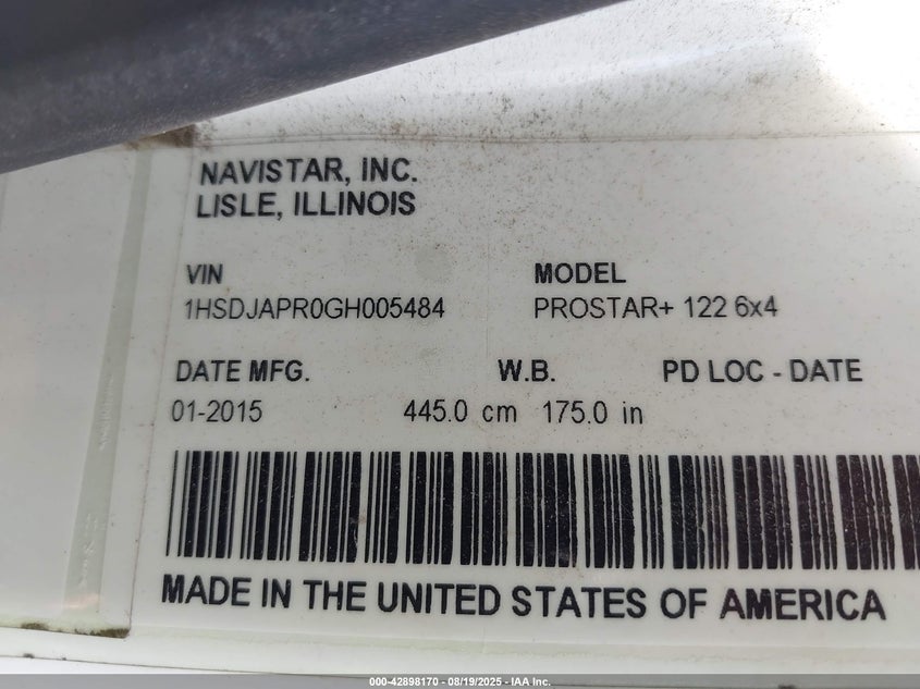 2016 International Prostar VIN: 1HSDJAPR0GH005484 Lot: 42898170