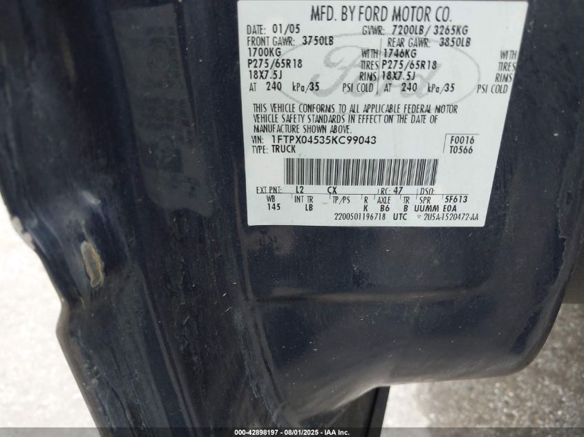 2005 Ford F-150 Fx4/Xlt VIN: 1FTPX04535KC99043 Lot: 42898197