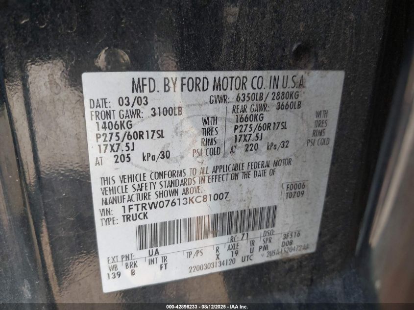 2003 Ford F-150 Lariat/Xlt VIN: 1FTRW07613KC81007 Lot: 42898233