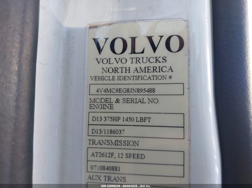 2018 Volvo Vnm VIN: 4V4MC9EG8JN895488 Lot: 42898239