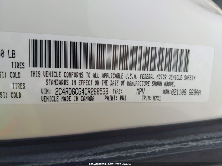 2012 Dodge Grand Caravan Sxt VIN: 2C4RDGCG4CR268539 Lot: 42898295