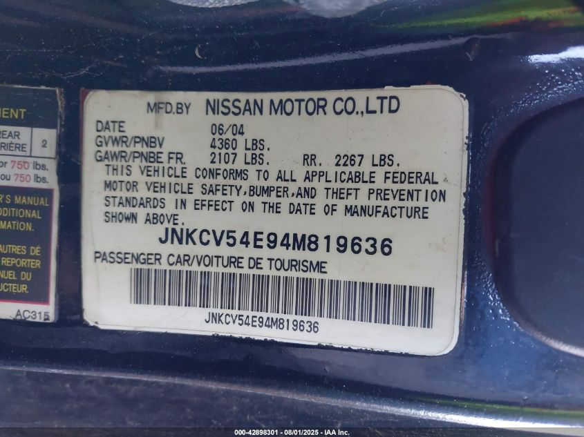 2004 Infiniti G35 VIN: JNKCV54E94M819636 Lot: 42898301