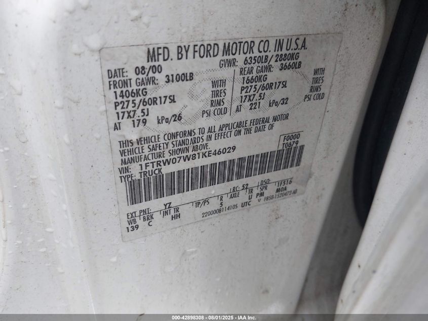 2001 Ford F-150 Harley-Davidson Edition/King Ranch Edition/Lariat/Xlt VIN: 1FTRW07W81KE46029 Lot: 42898308