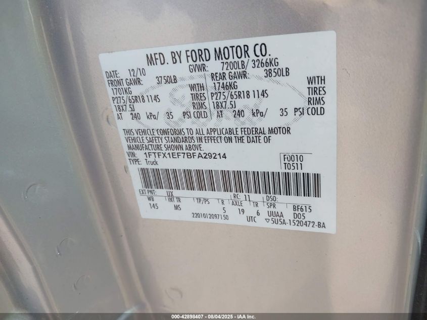 2011 Ford F150 Super Cab VIN: 1FTFX1EF7BFA29214 Lot: 42898407