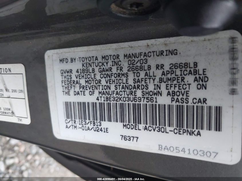 2003 Toyota Camry Le VIN: 4T1BE32K03U697561 Lot: 42898491