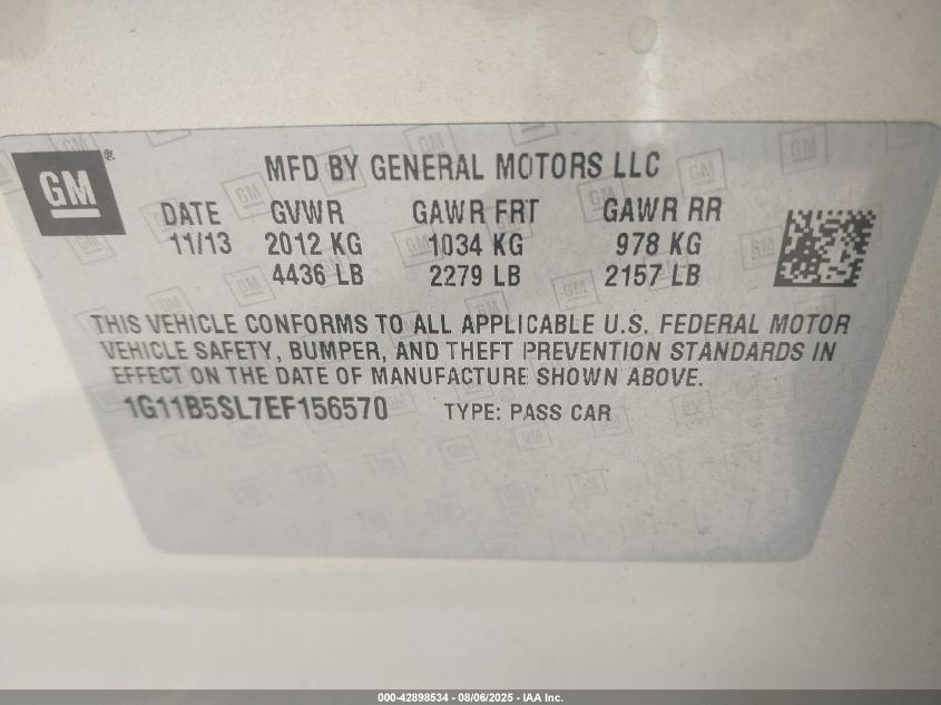 2014 Chevrolet Malibu 1Ls VIN: 1G11B5SL7EF156570 Lot: 42898534