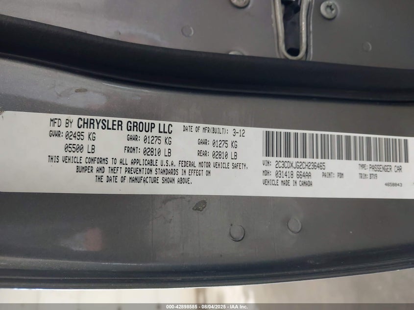 2012 Dodge Charger Sxt VIN: 2C3CDXJG2CH236465 Lot: 42898585