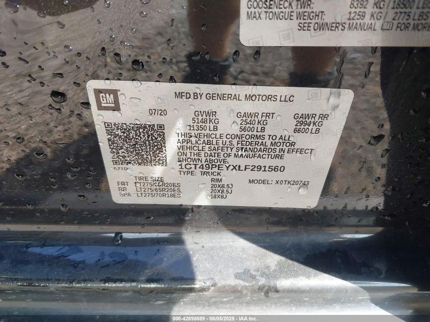 2020 GMC Sierra 2500Hd 4Wd Standard Bed At4 VIN: 1GT49PEYXLF291560 Lot: 42898589