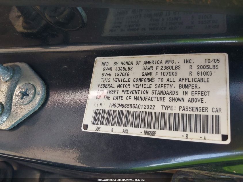 2006 Honda Accord 3.0 Ex VIN: 1HGCM66586A012022 Lot: 42898654