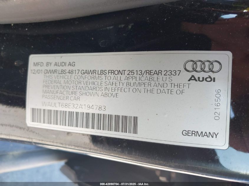 2002 Audi A4 3.0 VIN: WAULT68E32A194783 Lot: 42898704