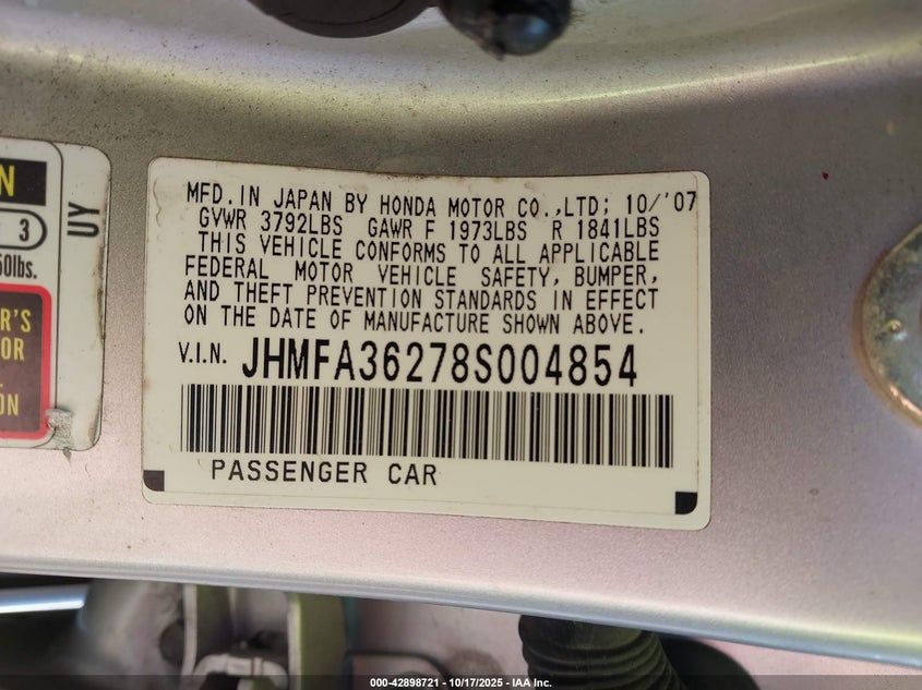 2008 Honda Civic Hybrid VIN: JHMFA36278S004854 Lot: 42898721