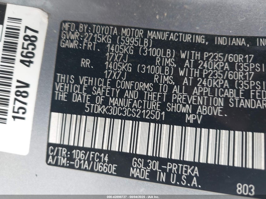 2012 Toyota Sienna Le V6 8 Passenger VIN: 5TDKK3DC3CS212501 Lot: 42898727