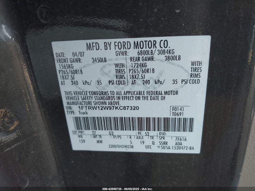 2007 Ford F-150 Xlt VIN: 1FTRW12W97KC87320 Lot: 42898728