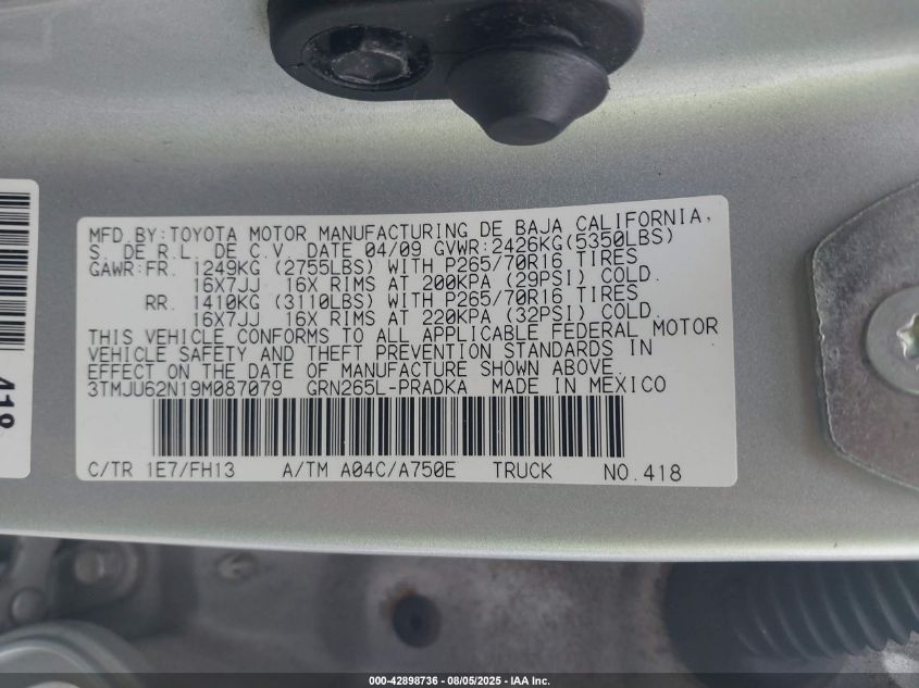 2009 Toyota Tacoma Prerunner V6 VIN: 3TMJU62N19M087079 Lot: 42898736