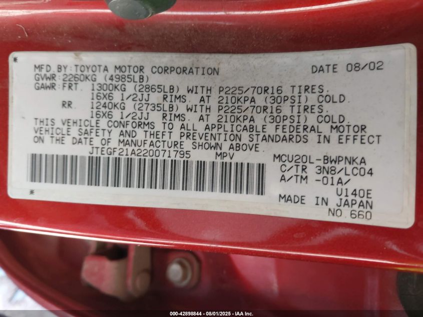 2002 Toyota Highlander Limited V6 VIN: JTEGF21A220071795 Lot: 42898844