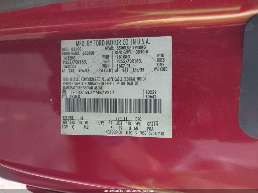 2000 Ford F-150 Lariat/Work Series/Xl/Xlt VIN: 1FTRX18LXYNB79217 Lot: 42898845
