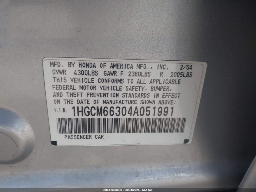 2004 Honda Accord 3.0 Lx VIN: 1HGCM66304A051991 Lot: 42898880