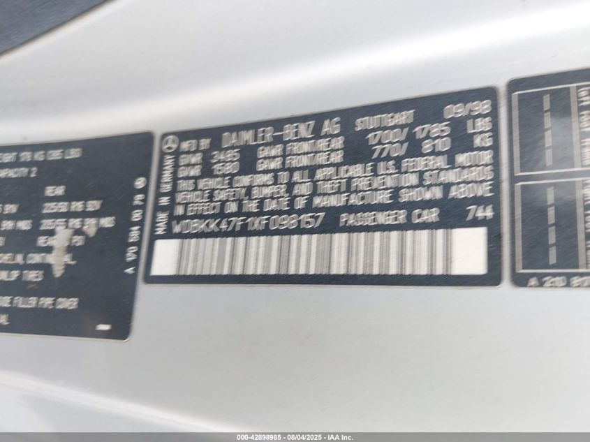 1999 Mercedes-Benz Slk 230 Kompressor VIN: WDBKK47F1XF098157 Lot: 42898985