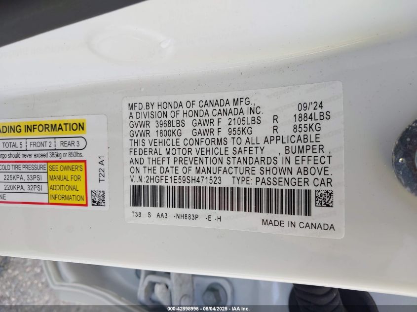 2025 Honda Civic Si Base W/High Performance Summer Tires/ VIN: 2HGFE1E59SH471523 Lot: 42898996