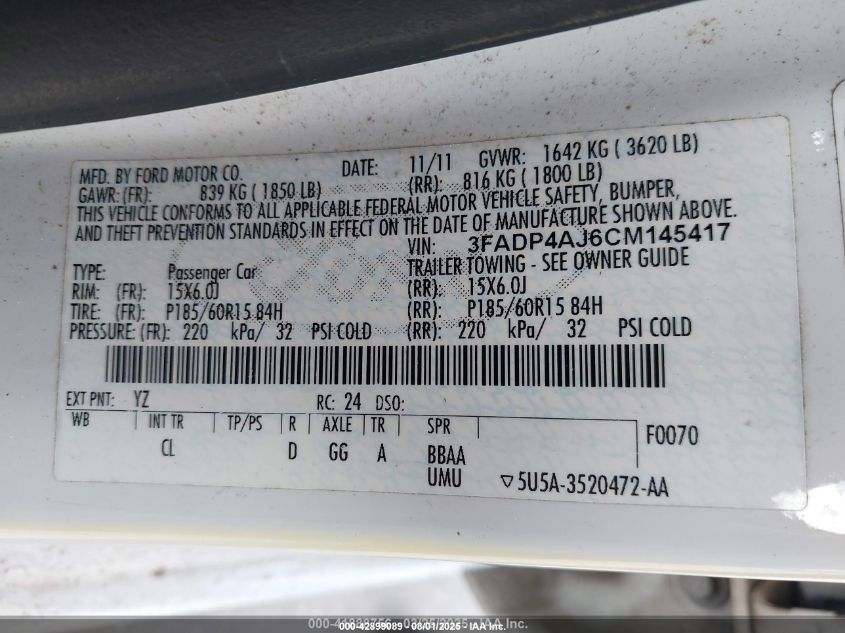 2012 Ford Fiesta S VIN: 3FADP4AJ6CM145417 Lot: 42899089