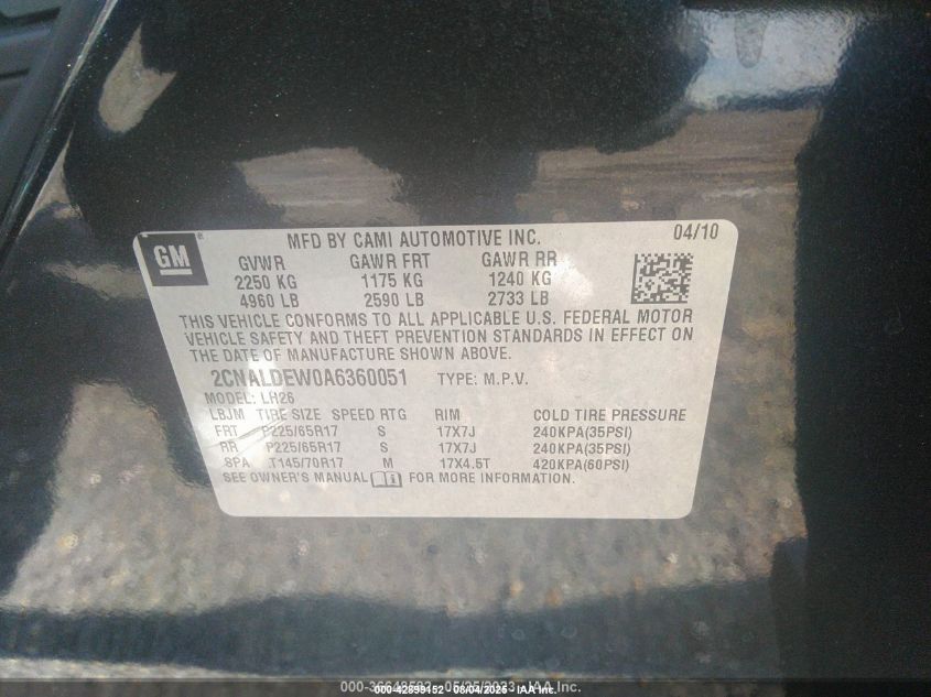 2010 Chevrolet Equinox Lt VIN: 2CNALDEW0A6360051 Lot: 42899152