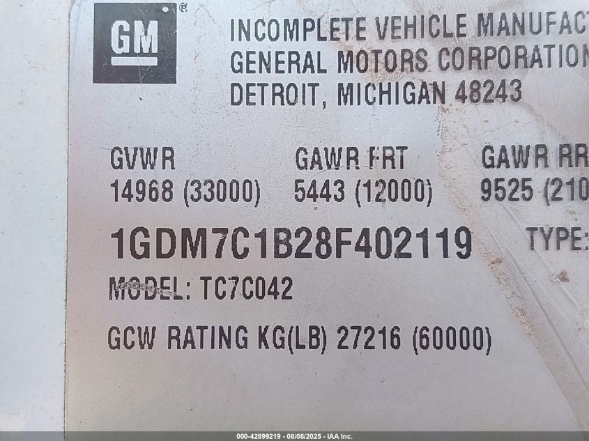 2008 GMC C7500 C7C042 VIN: 1GDM7C1B28F402119 Lot: 42899219