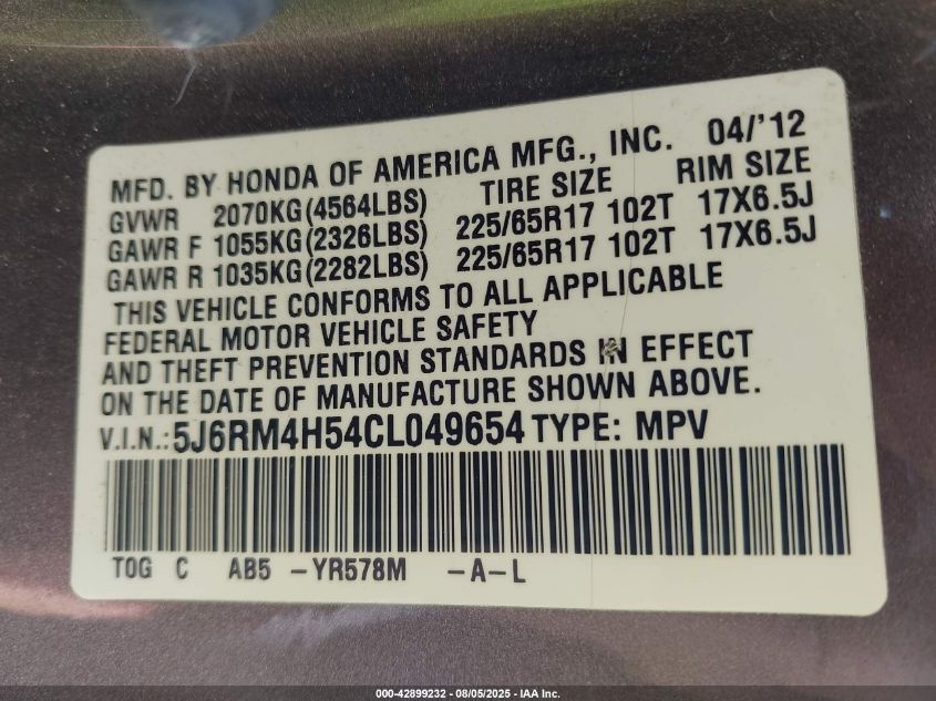 2012 Honda Cr-V Ex VIN: 5J6RM4H54CL049654 Lot: 42899232