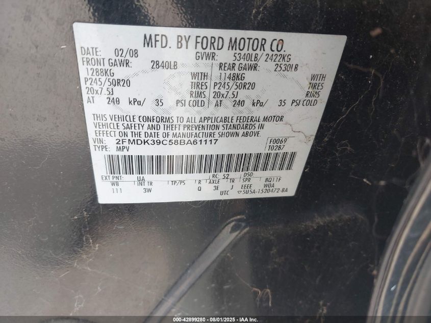 2008 Ford Edge Limited VIN: 2FMDK39C58BA61117 Lot: 42899280