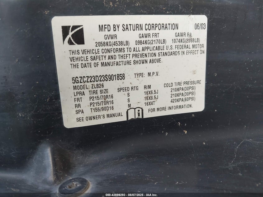 2003 Saturn Vue 4 Cyl VIN: 5GZCZ23D23S901858 Lot: 42899293