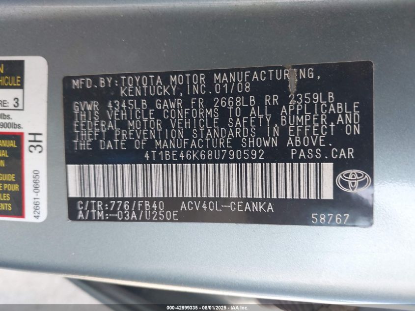 2008 Toyota Camry Le VIN: 4T1BE46K68U790592 Lot: 42899335