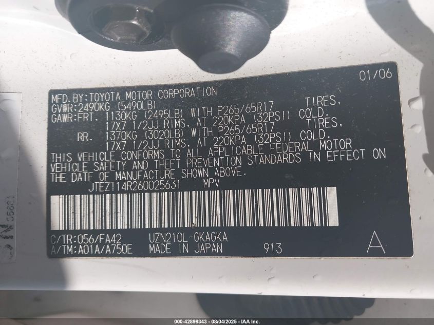 2006 Toyota 4Runner Sr5/Sport VIN: JTEZT14R260025631 Lot: 42899343