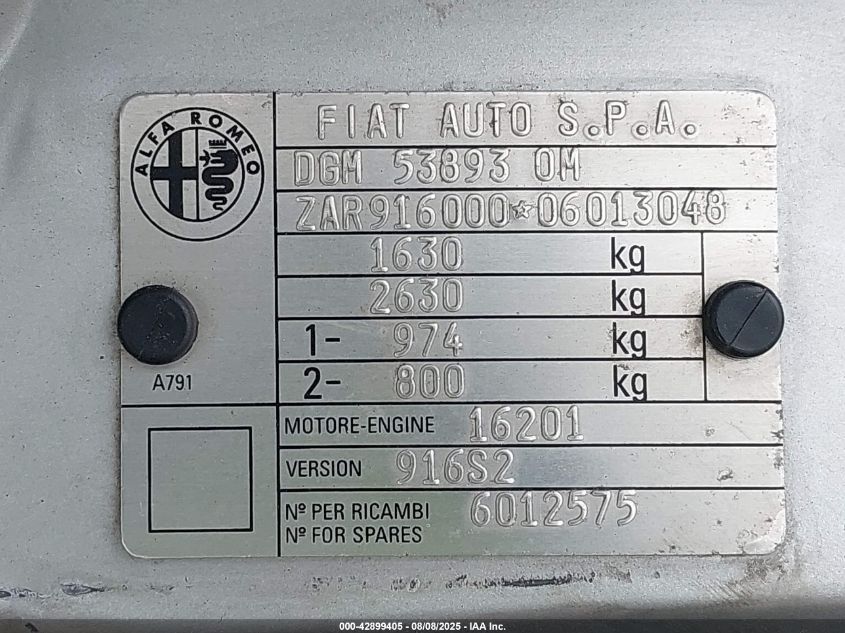 1996 Alfa Romeo Spider VIN: ZAR91600006013048 Lot: 42899405