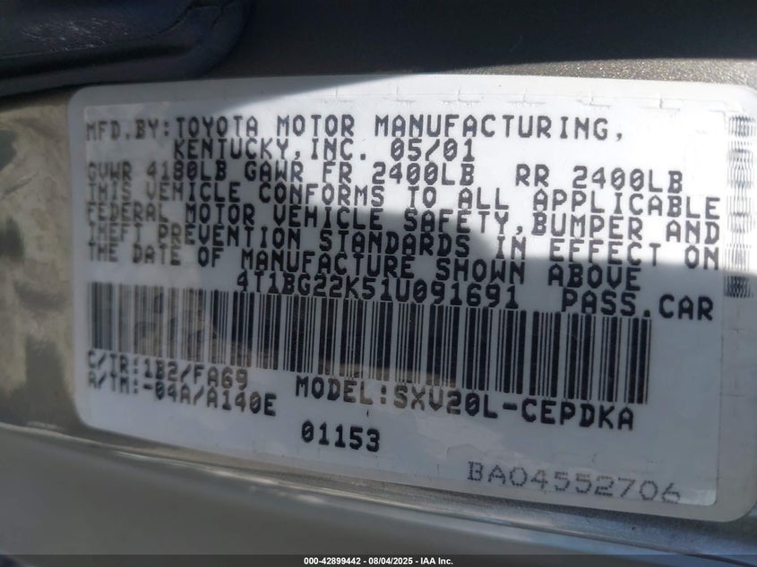 2001 Toyota Camry Ce VIN: 4T1BG22K51U091691 Lot: 42899442