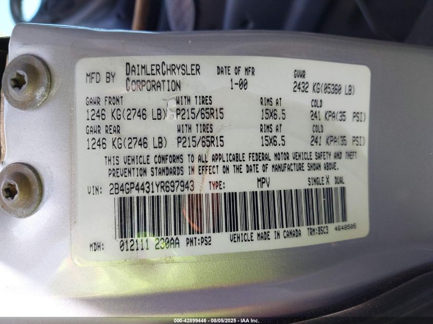 2000 Dodge Grand Caravan Se VIN: 2B4GP4431YR697943 Lot: 42899446