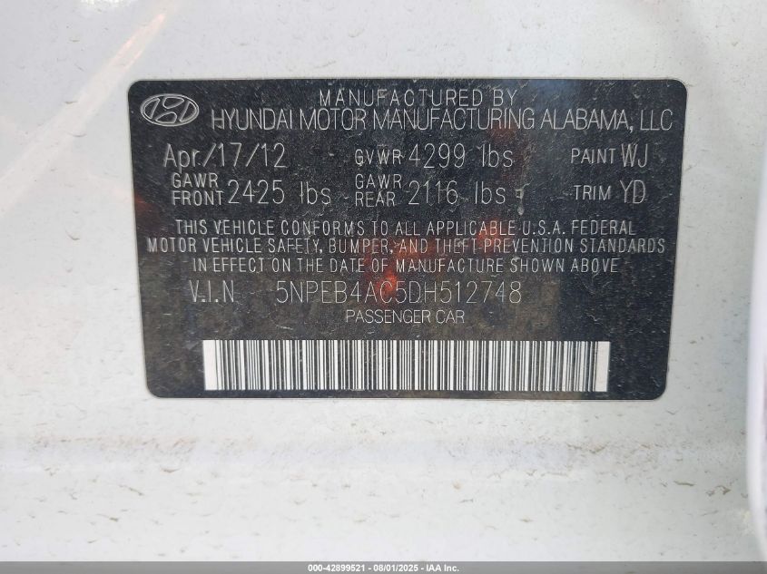 2013 Hyundai Sonata Gls VIN: 5NPEB4AC5DH512748 Lot: 42899521